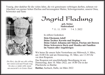 Traueranzeige von Ingrid Fladung von Südthüringer Presse
