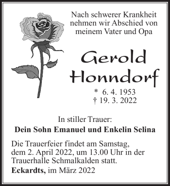 Traueranzeige von Gerold Honndorf von Südthüringer Presse