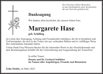 Traueranzeige von Margarete Hase von Südthüringer Presse
