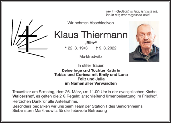 Traueranzeige von Klaus Thiermann von Frankenpost