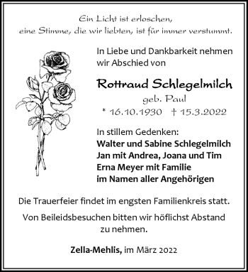 Traueranzeige von Rottraud Schlegelmilch von Südthüringer Presse