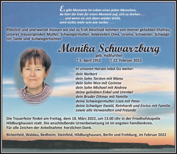 Traueranzeige von Monika Schwarzburg von Südthüringer Presse