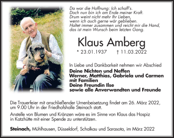 Traueranzeige von Klaus Amberg von Südthüringer Presse