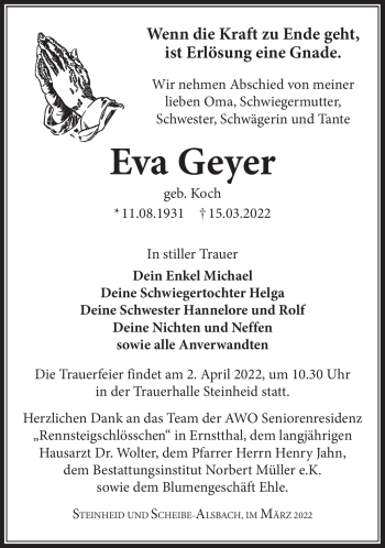 Traueranzeige von Eva Geyer von Südthüringer Presse