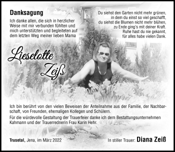Traueranzeige von Lieselotte Zeiß von Südthüringer Presse