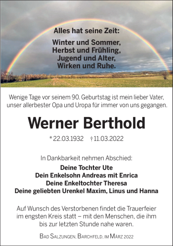 Traueranzeige von Werner Berthold von Südthüringer Presse