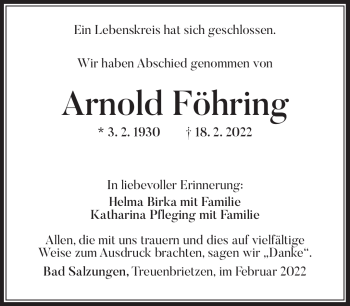 Traueranzeige von Arnold Föhring von Südthüringer Presse