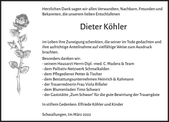 Traueranzeige von Dieter Köhler von Südthüringer Presse