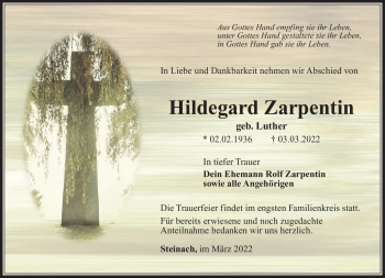Traueranzeige von Hildegard Zarpentin von Südthüringer Presse