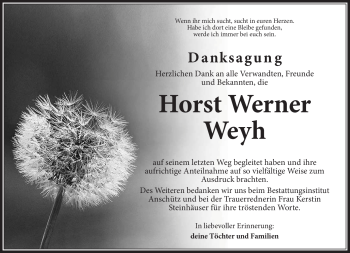 Traueranzeige von Horst Werner Weyh von Südthüringer Presse