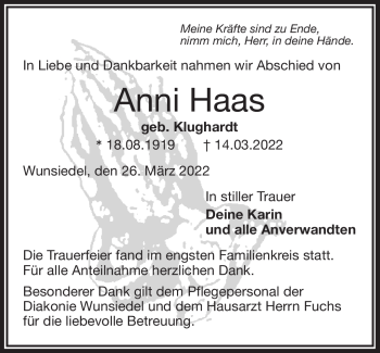 Traueranzeige von Anni Haas von Frankenpost