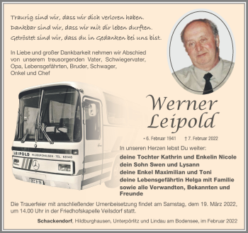 Traueranzeige von Werner Leipold von Südthüringer Presse