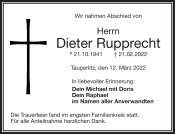 Traueranzeige von Dieter Rupprecht von Frankenpost