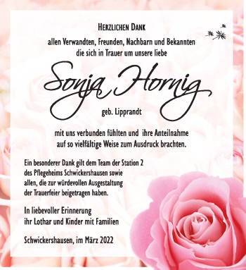 Traueranzeige von Sonja Hornig von Südthüringer Presse