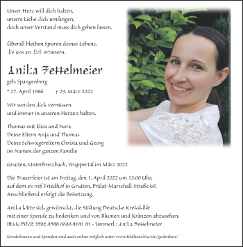 Traueranzeige von Anika Zettelmeier von Südthüringer Presse