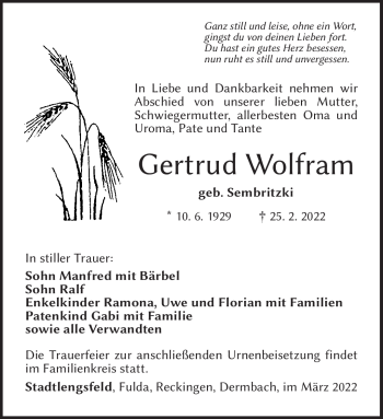 Traueranzeige von Gertrud Wolfram von Südthüringer Presse