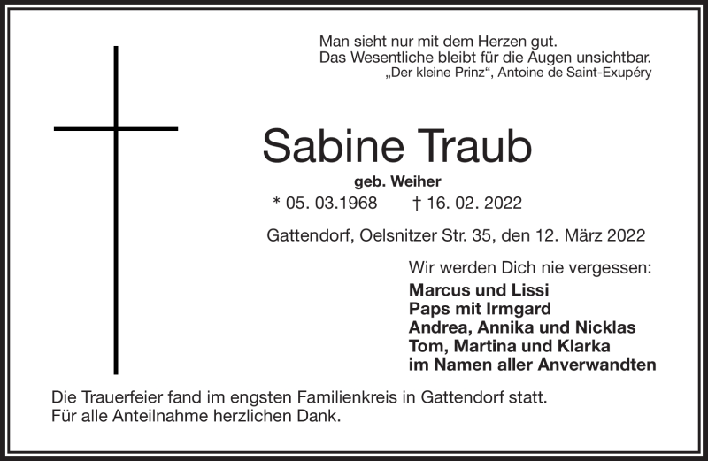  Traueranzeige für Sabine Traub vom 12.03.2022 aus Frankenpost