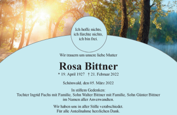 Traueranzeige von Rosa Bittner von Frankenpost