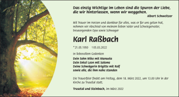 Traueranzeige von Karl Raßbach von Südthüringer Presse