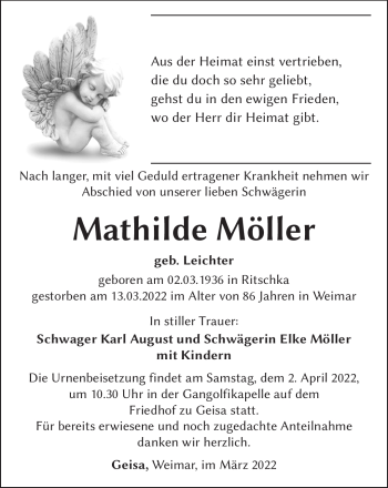 Traueranzeige von Mathilde Möller von Südthüringer Presse
