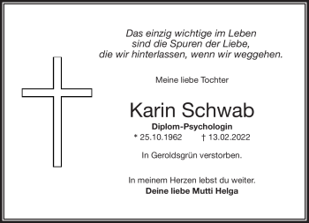 Traueranzeige von Karin Schwab von Frankenpost