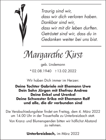 Traueranzeige von Margarethe Kirst von Südthüringer Presse