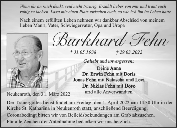 Traueranzeige von Burkhard Fehn von Neue Presse Coburg