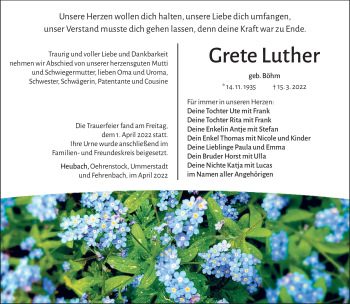 Traueranzeige von GreteGrete LutherLuther von Südthüringer Presse