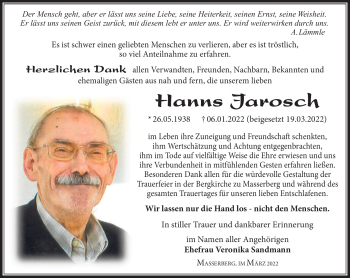 Traueranzeige von Hanns Jarosch von Südthüringer Presse
