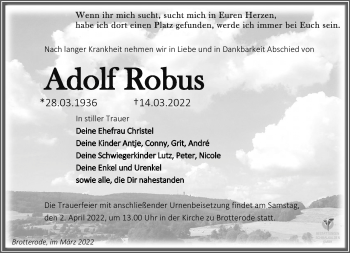 Traueranzeige von Adolf Robus von Südthüringer Presse