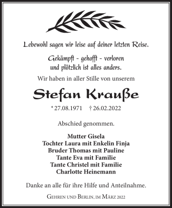 Traueranzeige von Stefan Krauße von Südthüringer Presse