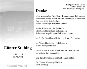 Traueranzeige von Günter Stübing von Südthüringer Presse