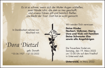 Traueranzeige von Dora Dietzel von Südthüringer Presse