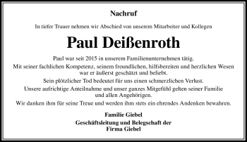 Traueranzeige von Paul Deißenroth von Südthüringer Presse
