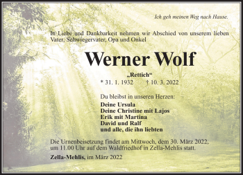 Traueranzeige von Werner Wolf von Südthüringer Presse