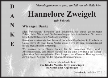 Traueranzeige von Hannelore Zweigelt von Südthüringer Presse