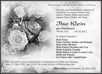 Traueranzeige von Ilse Klein von Südthüringer Presse