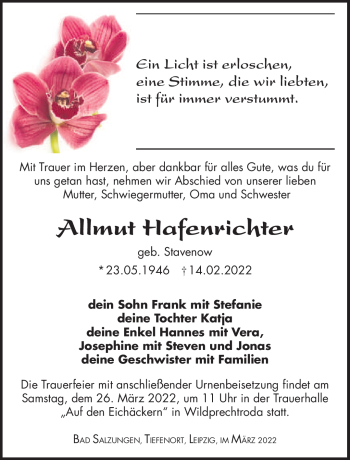 Traueranzeige von Allmut Hafenrichter von Südthüringer Presse