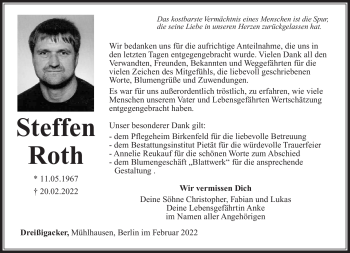 Traueranzeige von Steffen Roth von Südthüringer Presse