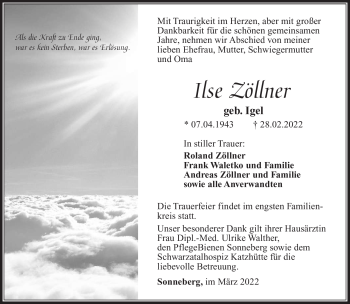 Traueranzeige von Ilse Zöllner von Südthüringer Presse