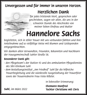 Traueranzeige von Hannelore Sachs von Südthüringer Presse