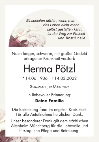 Traueranzeige von Herma Pötzl von Frankenpost