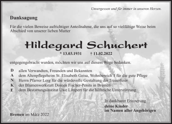 Traueranzeige von Hildegard Schuchert von Südthüringer Presse