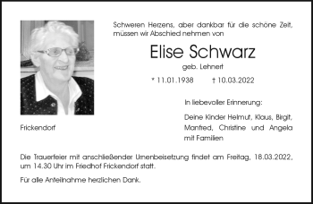 Traueranzeige von Elise Schwarz von Neue Presse Coburg
