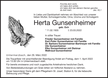 Traueranzeige von Herta Gunsenheimer von Neue Presse Coburg