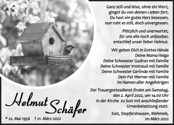 Traueranzeige von Helmut Schäfer von Südthüringer Presse