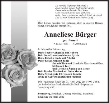 Traueranzeige von Anneliese Bürger von Südthüringer Presse