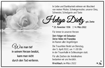 Traueranzeige von Helga Dietz von Südthüringer Presse