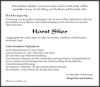 Traueranzeige von Horst Stier von Südthüringer Presse