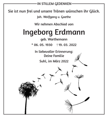 Traueranzeige von Ingeburg Erdmann von Südthüringer Presse